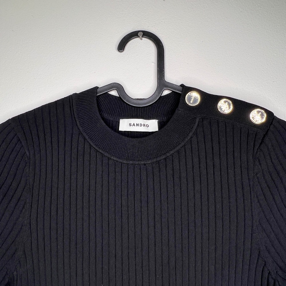 Sandro Black Ribbed Knit Short Sleeve A-Line Dress Gold Button Detail Size 36 - Picture 9 of 14